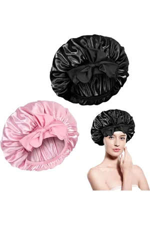 Merkloos Titel: 2 Stuks Zwarte en Roze Zijden Haarbonnets voor Vrouwen - Verstelbaar en Comfortabel - Ideaal voor Krullend Haar