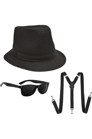 Merkloos 3-delige gangsterkostuumset voor volwassenen - Jaren 20 accessoires: 58 cm zwarte Fedora hoed, bretels en zonnebril