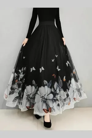 Merkloos Bloemen- En Vlinderprint Hoge Taille Rok, Elegante Gerimpelde Zoom Zwierige Maxi Rok, Dameskleding