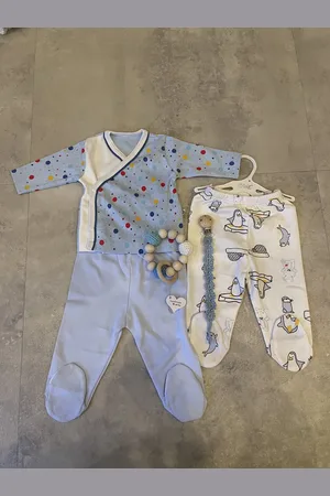 Civil 2-delige baby broek set met overslag shirt, handgemaakte Speenkoord en bijtring - Pinguïn