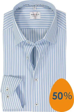 Marvelis Modern fit overhemd - mouwlengte 7 - popeline - lichtblauw gestreept - Strijkvrij - Boordmaat: 39