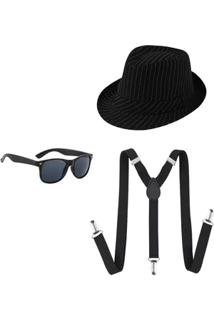 Merkloos Jaren 20 gangsterkostuum voor volwassenen - 3 stuks accessoires: zwarte krijtstreep hoed, bretels, zonnebril.