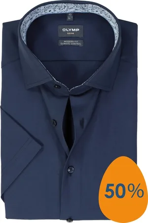 Olymp 24/7 modern fit overhemd - korte mouw - twill - marine - Strijkvriendelijk - Boordmaat: 40