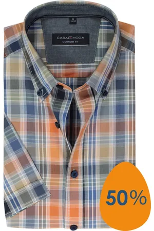 Casa Moda Sport comfort fit overhemd - korte mouw - popeline - blauw met groen en oranje geruit - Strijkvriendelijk - Boordmaat: 45 - 46