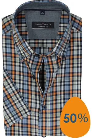 Casa Moda Sport comfort fit overhemd - korte mouw - twill - blauw met oranje - groen en wit geruit - Strijkvriendelijk - Boordmaat: 47 - 48