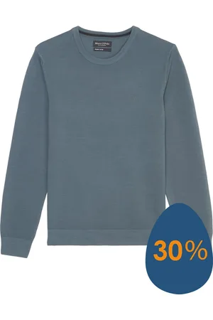 Marc O’ Polo Regular fit pullover - heren trui katoen met O-hals - middenblauw (middeldik)