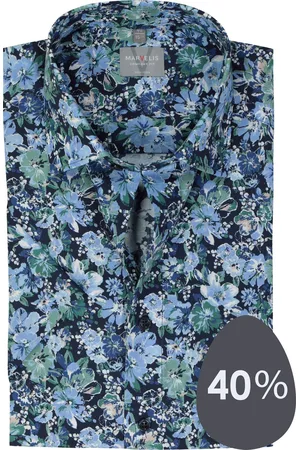 Marvelis Comfort fit overhemd - korte mouw - popeline - groen dessin - Strijkvrij - Boordmaat: 44