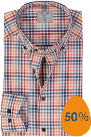 Marvelis Comfort fit overhemd - popeline - rood geruit - Strijkvrij - Boordmaat: 47