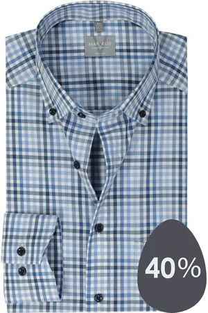 Marvelis Comfort fit overhemd - popeline - lichtblauw geruit - Strijkvrij - Boordmaat: 46