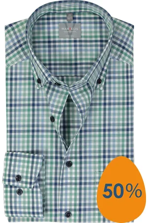 Marvelis Comfort fit overhemd - popeline - groen geruit - Strijkvrij - Boordmaat: 45