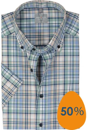 Marvelis Comfort fit overhemd - korte mouw - popeline - groen geruit - Strijkvrij - Boordmaat: 48