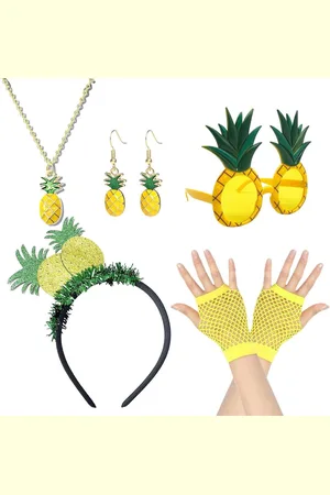 Merkloos 7-delige ananaskostuumset met ananas-tiara, ananasoorbellen, ananas-halsketting, nethandschoenen voor dames voor carnavalfeest - Ananasgeschenken