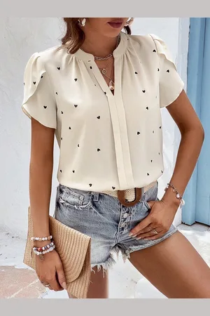 Merkloos Damesoverhemd Bedrukt Top Casual Shirt Damesblouse V-hals Korte Mouw Shirt