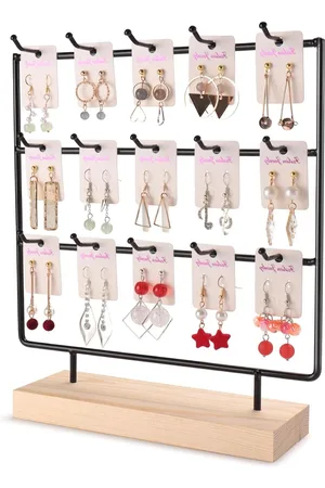 Merkloos Houten Oorbel Display Stand (3 Tier 15 Haken Zwart) voor Verkoop
