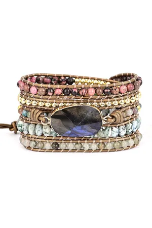 Marama Wikkelarmband Misty Blue - donkerbruin leer - edelsteen labradoriet - 83.5 cm - cadeautje voor haar - 5x om de pols - one size fits all - luxe geschenkverpakking