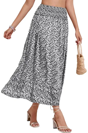 Merkloos Lange maxi-rok voor dames, elastische taille, zomerrok met bloemenprint, A-lijn, elegante geplooide rok met ruches aan de zoom.