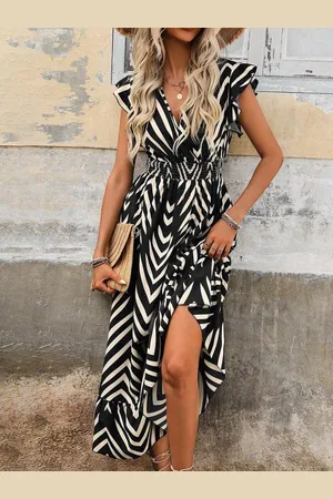 Merkloos Elegante zomerjurk voor dames, korte mouwen, lange jurk, V-hals wikkeljurk, hoge taille, ruches, maxi-jurk, feestjurken M