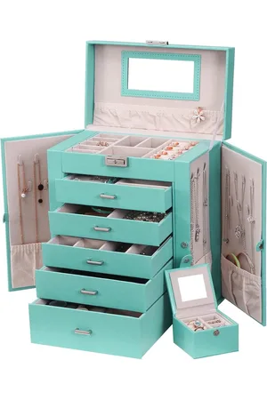 Merkloos 6 Tier Enorme Sieraden Organizer Box Display Opbergdoos Houder met Slot Spiegel Meisjes Sieraden Doos voor Oorbellen Ringen Kettingen Armbanden Oorbellen Gift Cyaan JJB004Q