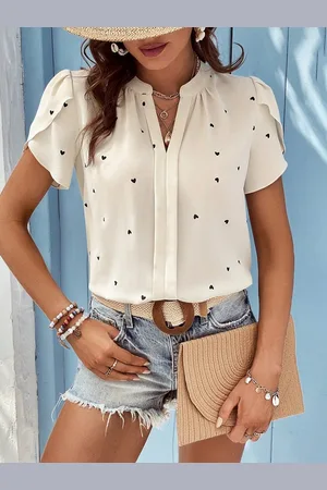 Merkloos Damesoverhemd Bedrukt Top Casual Shirt Damesblouse V-hals Korte Mouw Shirt