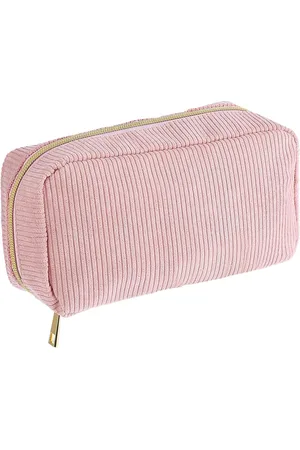 Merkloos Small Cosmetic Bag with 3 Interior Compartments in Pink Corduroy for Women - Portable Travel Storage for Various Cosmetics and Tools