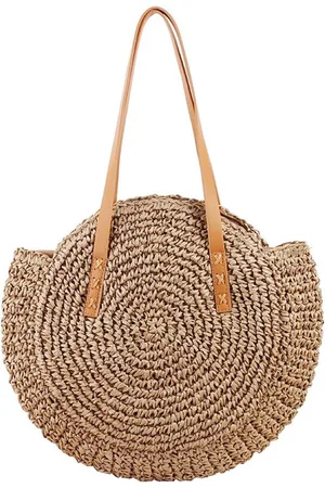 Merkloos Crossbody tas retro ronde strandtas shopper mandtas grote schoudertas voor vrouwen reizen vakantie vrije tijd gevlochten tas bruinbruin - Strotas dames