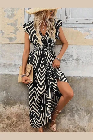 Merkloos Elegante zomerjurk voor dames, korte mouwen, lange jurk, V-hals wikkeljurk, hoge taille, ruches, maxi-jurk, feestjurken L