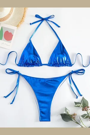 Merkloos Bikini- -Metalic-Sexy-Halter-Triangel-Opwindend-Dames-Erotisch