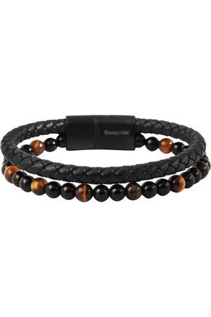 Akzent Armband van echt leer en natuursteen 21cm.