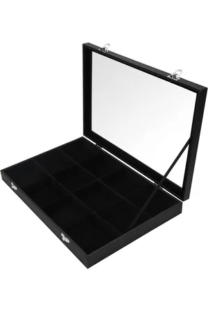 Merkloos Sieraden Organizer Vitrinekast met 12 Secties en Glazen Deksel - Stapelbare Lade - Verstelbaar Opbergrooster voor Ringen Kettingen Armbanden Oorbellen en Horloges