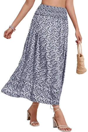 Merkloos Lange maxi-rok voor dames, elastische taille, zomerrok met bloemenprint, A-lijn, elegante geplooide rok met ruches aan de zoom.