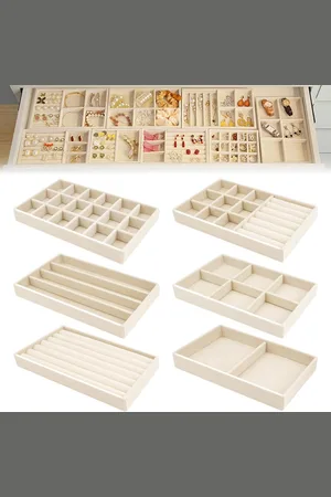 Merkloos Sieradendienblad fluweel sieradeninzet voor laden stapelbare sieradenorganizer lade voor oorbellen ringen armbanden broches halskettingen (beige)