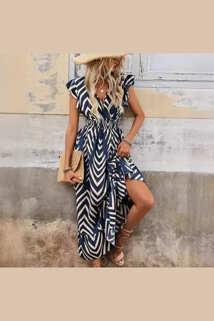 Merkloos Elegante zomerjurk voor dames, korte mouwen, lange jurk, V-hals wikkeljurk, hoge taille, ruches, maxi-jurk, feestjurken L