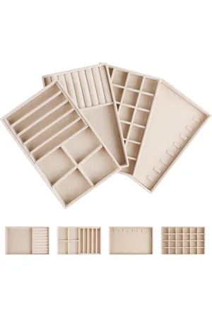 Merkloos Grote sieradenorganizers met 4 laden van fluweel voor sieraden - stapelbaar en uitneembaar - beige