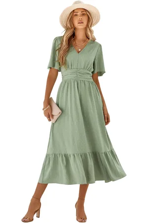 Merkloos Vrouwen Boho Maxi-jurk Lange mouwen V-hals Zwitsers stippenmotief Hoge taille A-lijn Ruffle gelaagde chiffon lange jurken