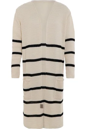 Knit Factory Bibi Lang Gebreid Vest - Gebreide dames cardigan - Lang vest tot over de knie - Gestreepte damesvest gemaakt uit 30% wol en 70% acryl - /Beige - 40/42