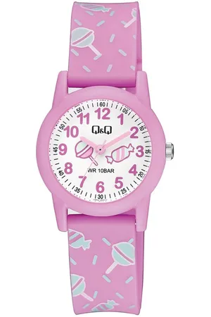 Q&Q V22A-003VY - Horloge - Polshorloge - Sport - Analoog - Kinderen - Unisex - Plastic band - Rond - Kunststof - Cijfers - Srepen - Lolly - DonkerRoze - LichtGroen - Wit - 10 ATM