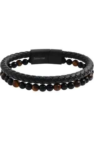 Akzent Armband van echt leer en natuursteen 23cm.