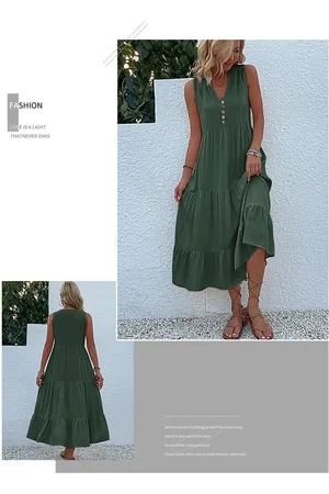 Merkloos Zomerjurken Dames Lange jurk Mouwloos Lichtgewicht Casual T-shirt Strandjurk Boho Tankjurk M