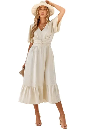 Merkloos Vrouwen Boho Maxi-jurk Lange mouwen V-hals Zwitsers stippenmotief Hoge taille A-lijn Ruffle gelaagde chiffon lange jurken