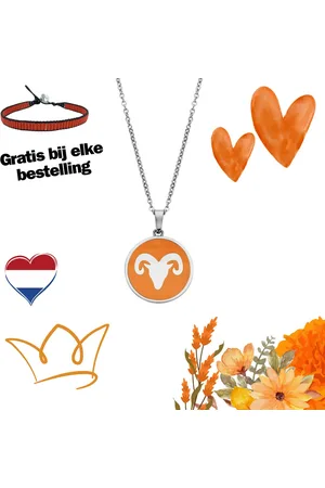 CO88 Zodiac 8CN 26088 Stalen Collier met Hanger - Sterrenbeeld Ram 15 mm - Lengte 42 + 5 cm - / Donker Oranje