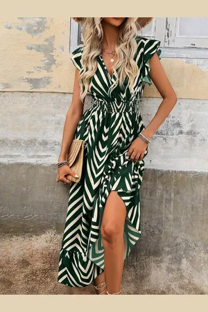 Merkloos Elegante zomerjurk voor dames, korte mouwen, lange jurk, V-hals wikkeljurk, hoge taille, ruches, maxi-jurk, feestjurken L