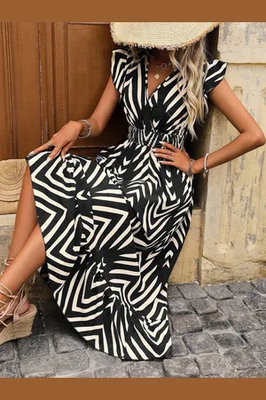 Merkloos Elegante zomerjurk voor dames, korte mouwen, lange jurk, V-hals wikkeljurk, hoge taille, ruches, maxi-jurk, feestjurken S