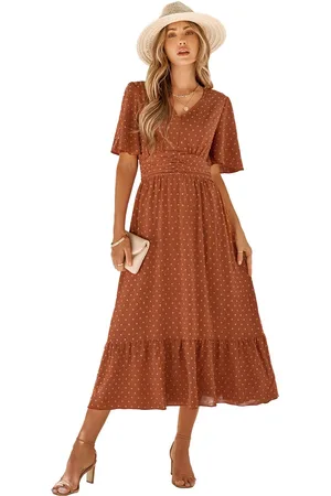 Merkloos Vrouwen Boho Maxi-jurk Lange mouwen V-hals Zwitsers stippenmotief Hoge taille A-lijn Ruffle gelaagde chiffon lange jurken