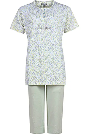 Cocodream Dames Pyjama - Katoen - Zomer - 3/4 broek - Lichtgroen Gestipt