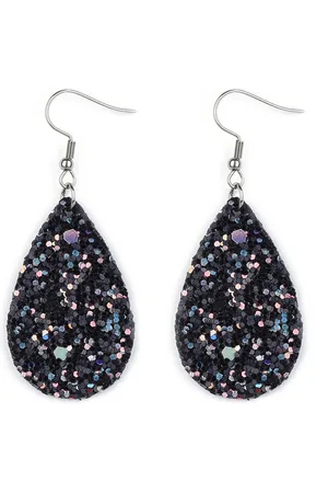 No Evil Zwarte stalen oorhangers met druppelvormige kunststof hanger met holografische glitters lichtgewicht lengte 4 cm