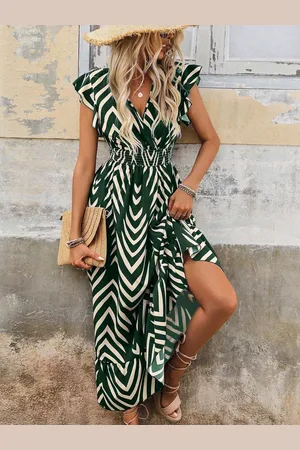 Merkloos Elegante zomerjurk voor dames, korte mouwen, lange jurk, V-hals wikkeljurk, hoge taille, ruches, maxi-jurk, feestjurken S
