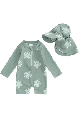Merkloos Baby Peuter Jongen UV pakje met UV petje - Badmode met lange mouwen - Schildpad Turtle Strandkleding Peuterzwemkleding - 12-24 maanden / 1 tot 2 jaar