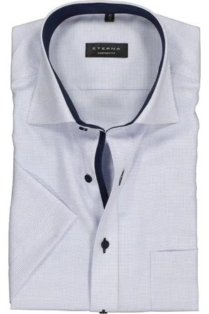 ETERNA Comfort fit overhemd - korte mouw - structuur heren overhemd - lichtblauw met wit (donkerblauw contrast) - Strijkvrij - Boordmaat: 45