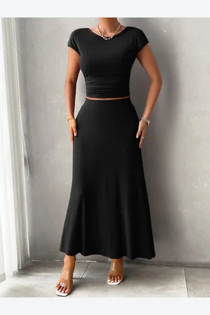 Merkloos Dames 2-delige outfits Zomer crop top en lange A-lijn rokset Tweedelig pak S