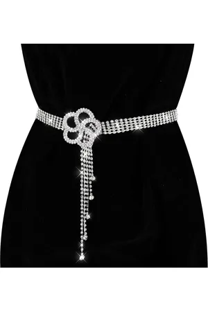 Merkloos Large Rhinestone Waist Belt For Women - Adjustable Sparkle Dressy Belt With Flower Buckle - 130cm/51in (Silver)